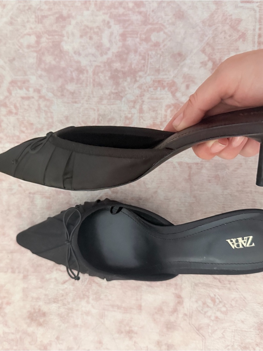 ZARA Black Pointed Bow Mule Heels - Slip-On Kitten Heel - Picture 3 of 3
